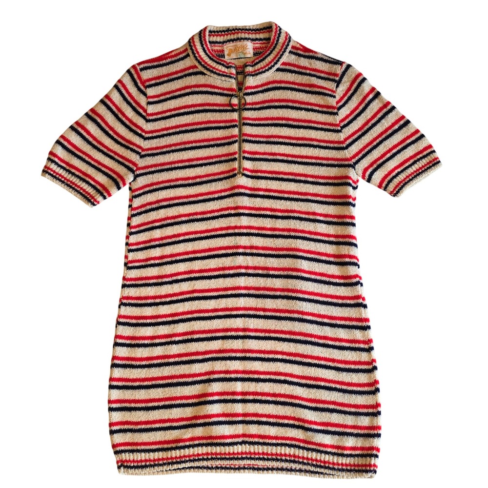 Vintage 60s Filor Knits Striped Sweater Mini Dress Mod O-Ring Half Zip Red Navy